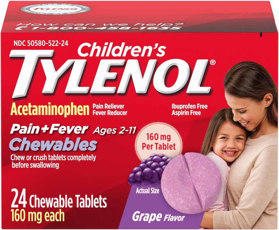 Children'S Tylenol Chewables With 160 Mg Acetaminophen, Pain Reliever & Fever Reducer For Kids' Cold + Flu Symptoms, Headache, Sore Throat & Toothache, Aspirin-Free, Bubble Gum, 24 Ct