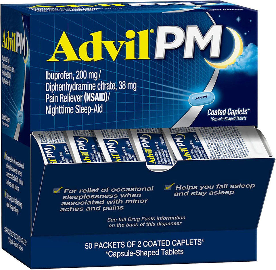 Advil Pm Pain Reliever/Nighttime Sleep Aid Coated Caplet, 200Mg Ibuprofen, 38Mg Diphenhydramine, Other, 120 Count Advil Pm Pain Reliever/Nighttime Sleep Aid Coated Caplet, 200Mg Ibuprofen, 38Mg Diphenhydramine, Other, 120 Count