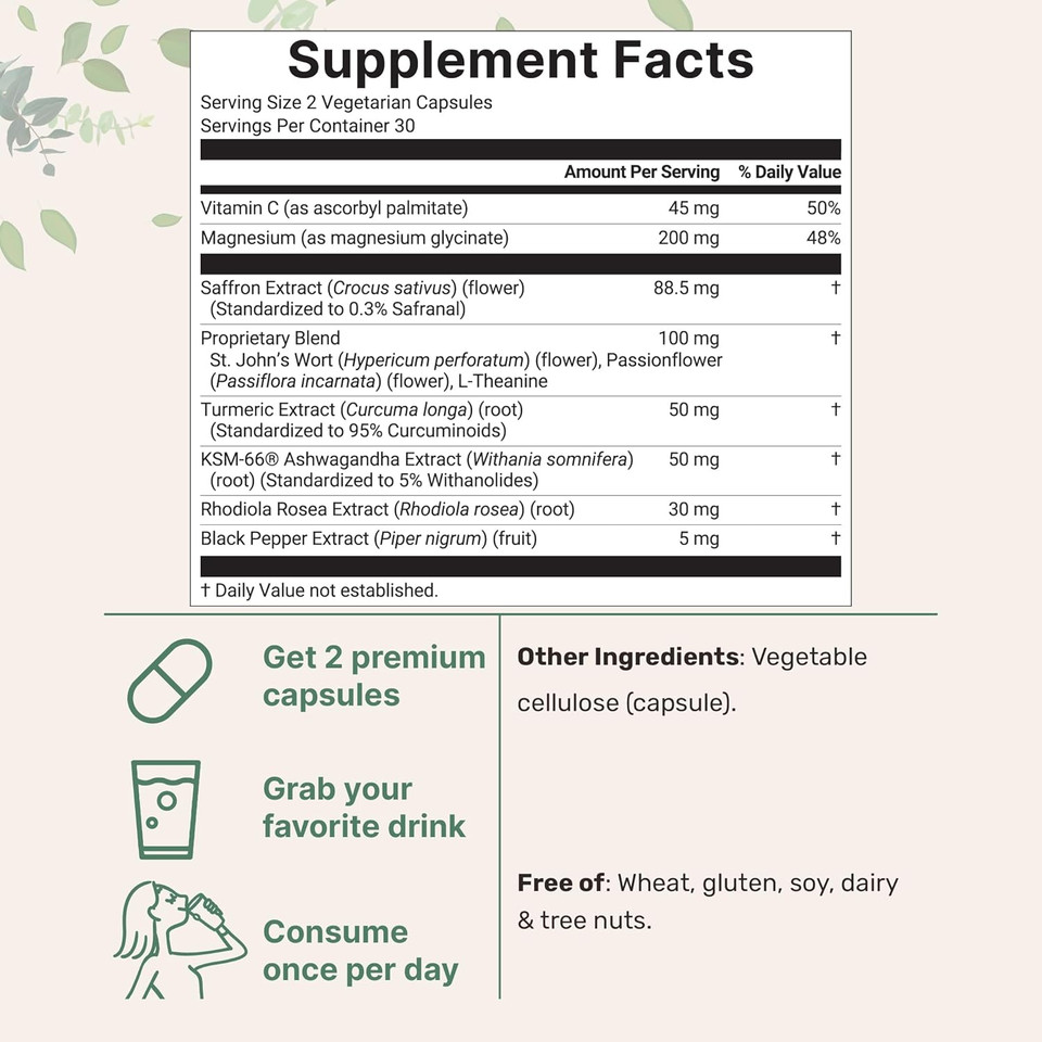 Saffron+ Advanced Supplements 60 Veggie Capsules | 10-In-1 With Saffron Extract, High Absorption Fat-Soluble Vitamin C, Magnesium, Turmeric, & Ksm-66 Ashwagandha | Mood & Energy Support | Filler Free