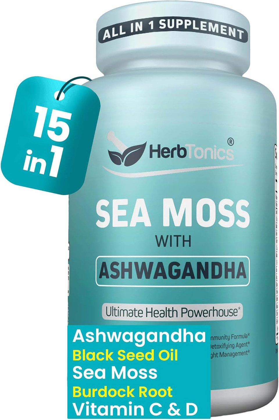 Herbtonics Sea Moss, Black Seed Oil, Ashwagandha, Burdock Root & Acv Complex | Boost Immunity, Reduce Stress, Support Digestion | All-In-One Seamoss Capsules | 60 Capsules