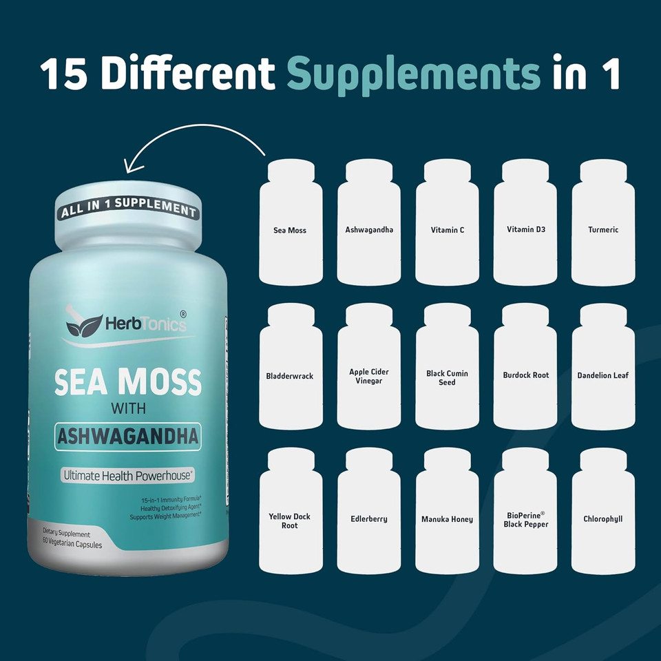 Herbtonics Sea Moss, Black Seed Oil, Ashwagandha, Burdock Root & Acv Complex | Boost Immunity, Reduce Stress, Support Digestion | All-In-One Seamoss Capsules | 60 Capsules