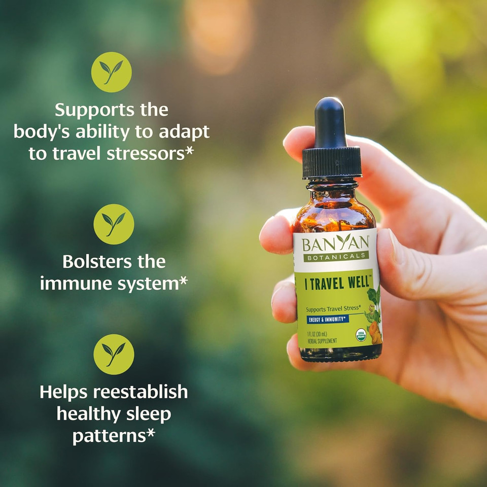 Banyan Botanicals I Travel Well Liquid Extract  Organic Fast-Acting Immune Support For Travel  With Ashwagandha And Ginger  1 Fl. Oz.  Non Gmo Sustainably Sourced Vegan