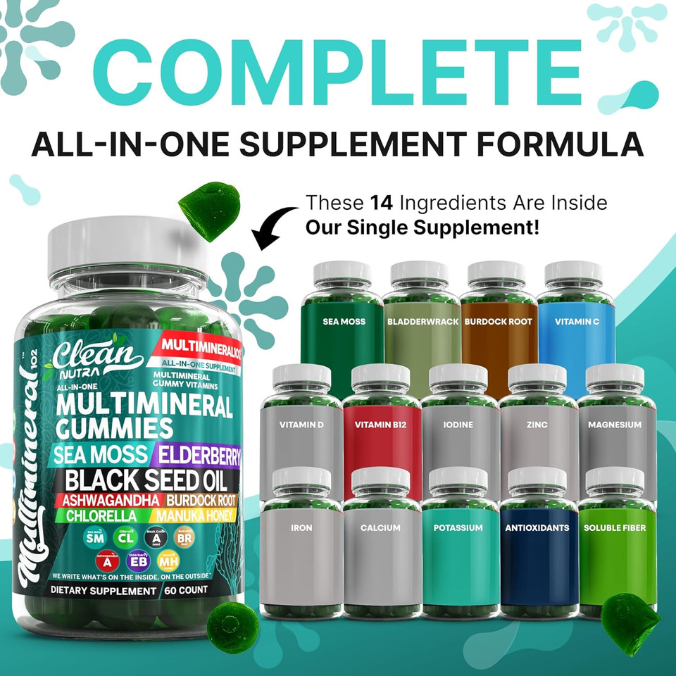 Sea Moss Gummies | Clinically Tested - Black Seed Oil Ashwagandha Elderberry Burdock Root Chlorella Manuka Honey - Vegan Irish Sea Moss Gummy Vitamins For Adults Kids Men Women - Green Apple Flavor