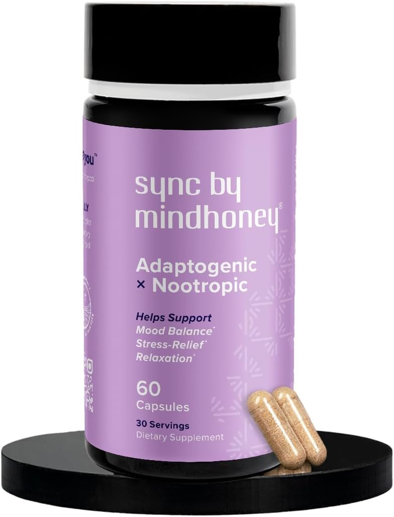 Mindhoney | Sync 60 Count, Premium All-In-One Adaptogenic Supplement | Relaxation, Mood Balance, Stress | Magnesium, Ashwagandha, Nootropics, Adaptogens, Minerals & Vitamins