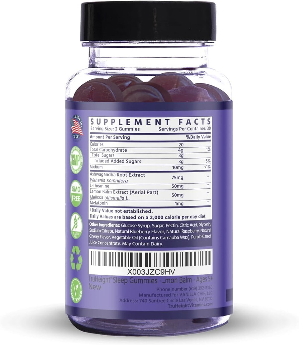 Truheight Sleep Gummies - Kids & Teen Natural Sleep Aid For Maximum Growth - Pediatric Recommended - Kids Melatonin Gummy - Melatonin, Ashwagandha, L Theanine, Lemon Balm, Ages 4+, Mixed Berry Flavor