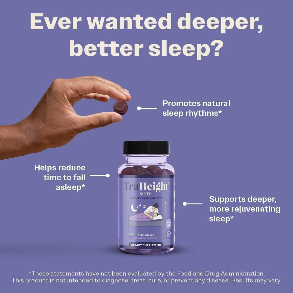 Truheight Sleep Gummies - Kids & Teen Natural Sleep Aid For Maximum Growth - Pediatric Recommended - Kids Melatonin Gummy - Melatonin, Ashwagandha, L Theanine, Lemon Balm, Ages 4+, Mixed Berry Flavor