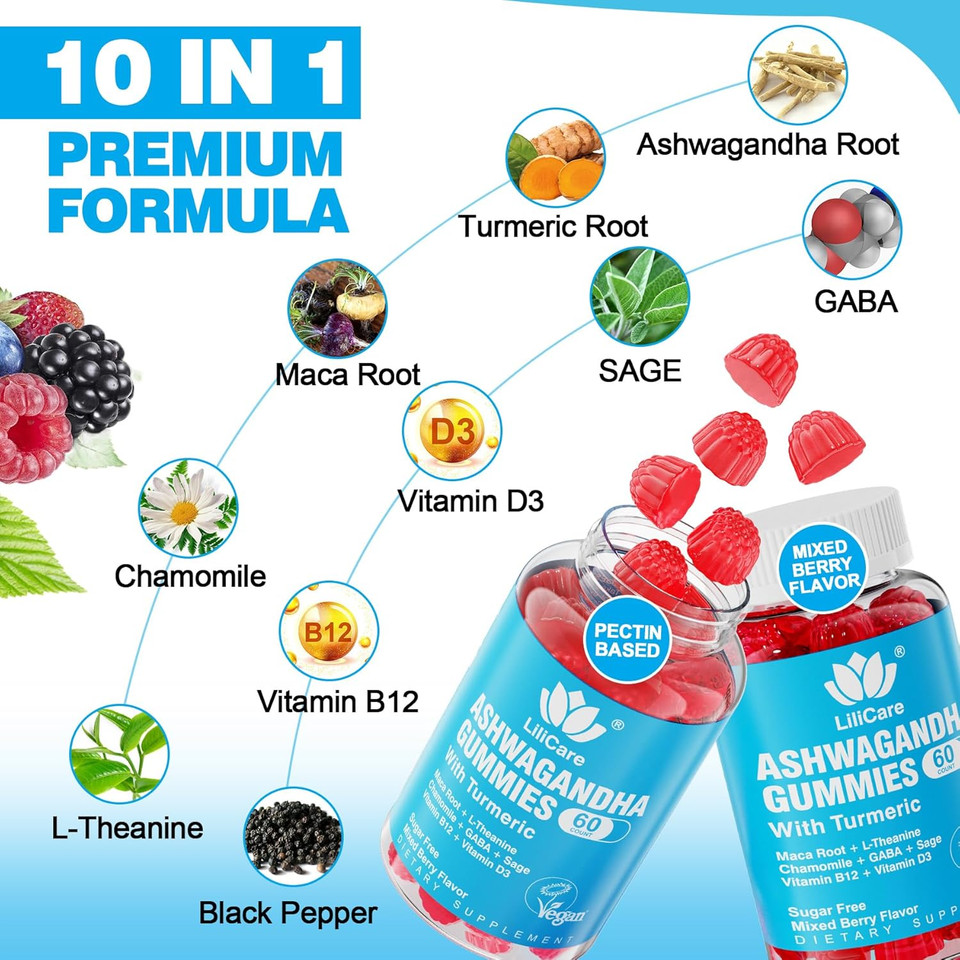 Envydeal Ashwagandha Gummies 2000Mg For Women Men - Sugar Free, Vegan - Organic Ashwagandha Root Extract Supplements Gummy & Vitamin D3, Mixed Berry Flavor, 120 Count