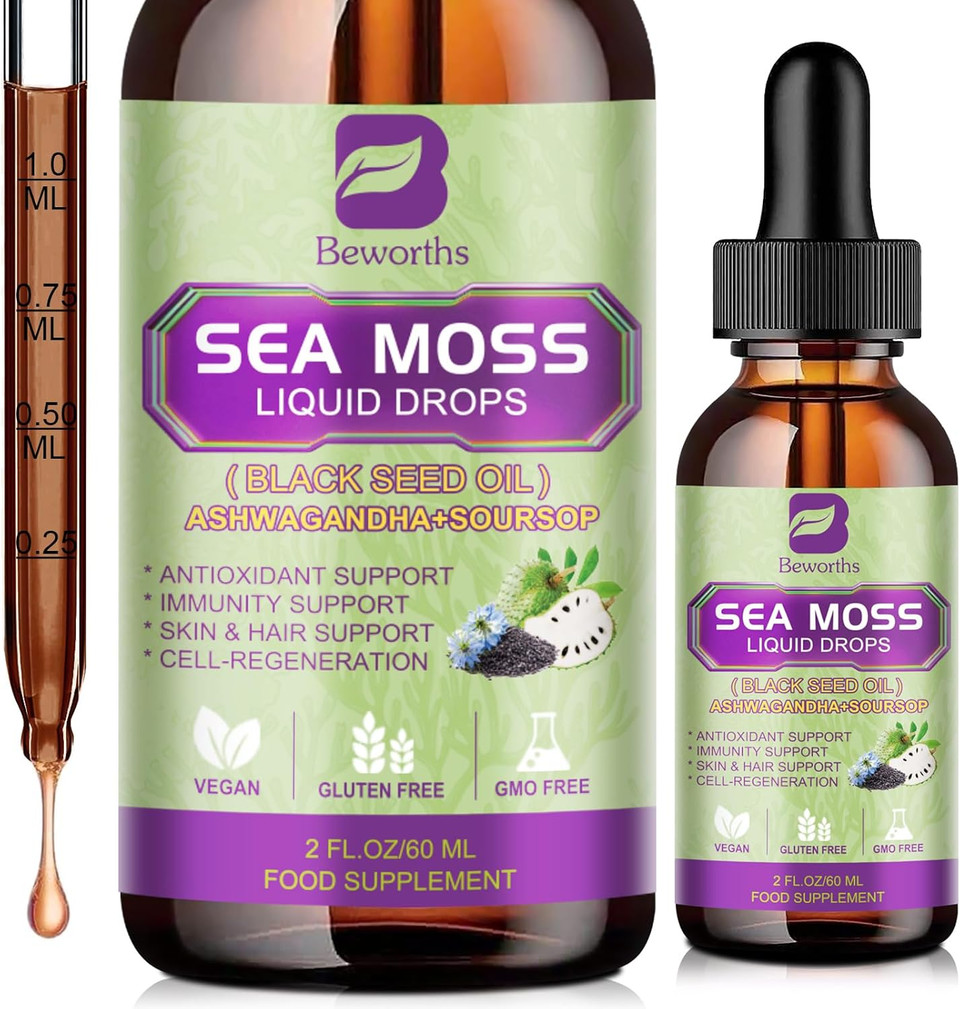 Sea Moss Liquid Drop - Black Seed Oil & Irish Sea Moss Gel With Ashwagandha, Soursop Bitters, Burdock Root, Bladderwrack, Elderberry, 6X Stronger Seamoss Supplment For Immune, Gut Health, Hair Support