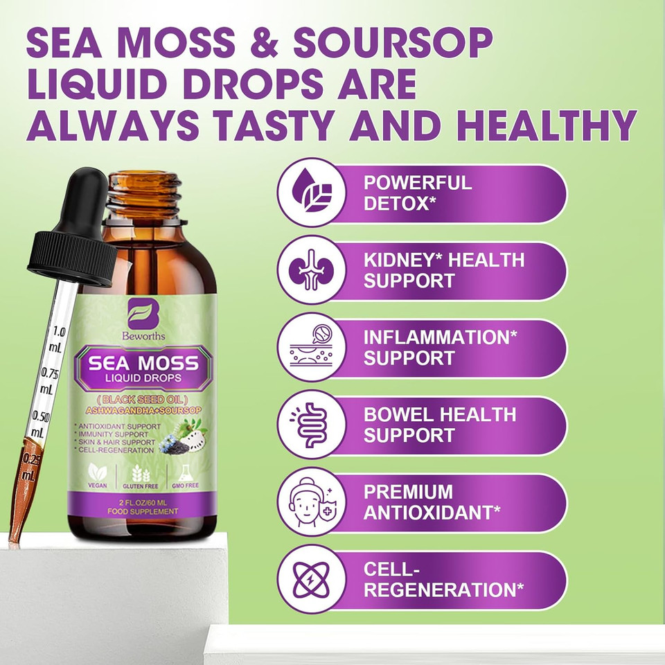 Sea Moss Liquid Drop - Black Seed Oil & Irish Sea Moss Gel With Ashwagandha, Soursop Bitters, Burdock Root, Bladderwrack, Elderberry, 6X Stronger Seamoss Supplment For Immune, Gut Health, Hair Support