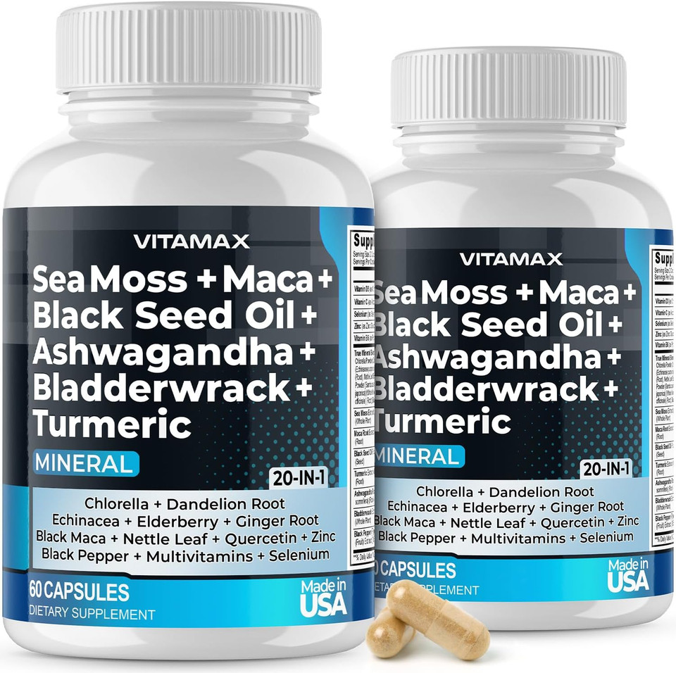 Sea Moss, Maca, Black Seed Oil, Ashwagandha, Bladderwrack, Turmeric - Elderberry, Vitamins C & D3, Dandelion & Black Pepper - Made In Usa- 120Ct