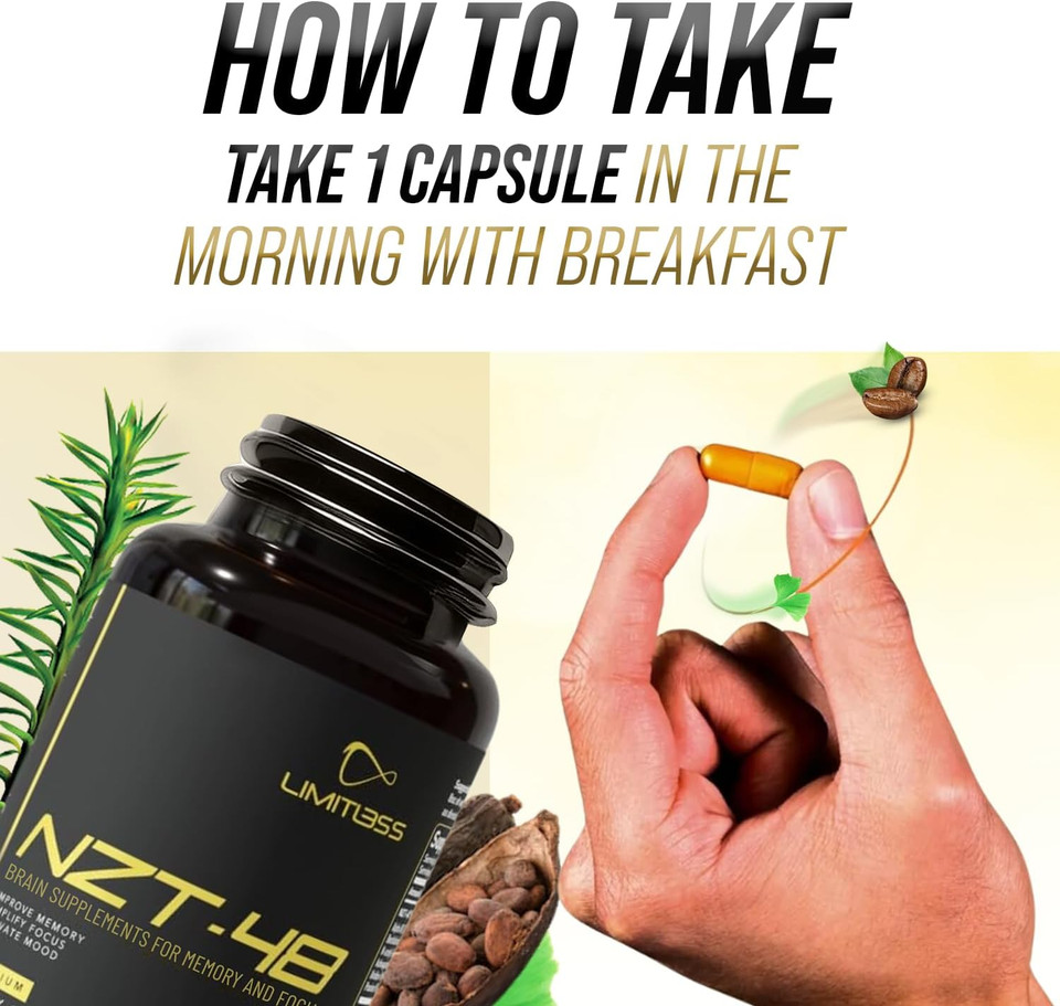 Nzt-48 Brain Booster | Nootropic Brain Supplements For Memory And Focus | Premium Natural Energy Supplement With Caffeine, Phosphatidylserine, Vitamins B6 & B12, Ashwagandha | 60 Servings