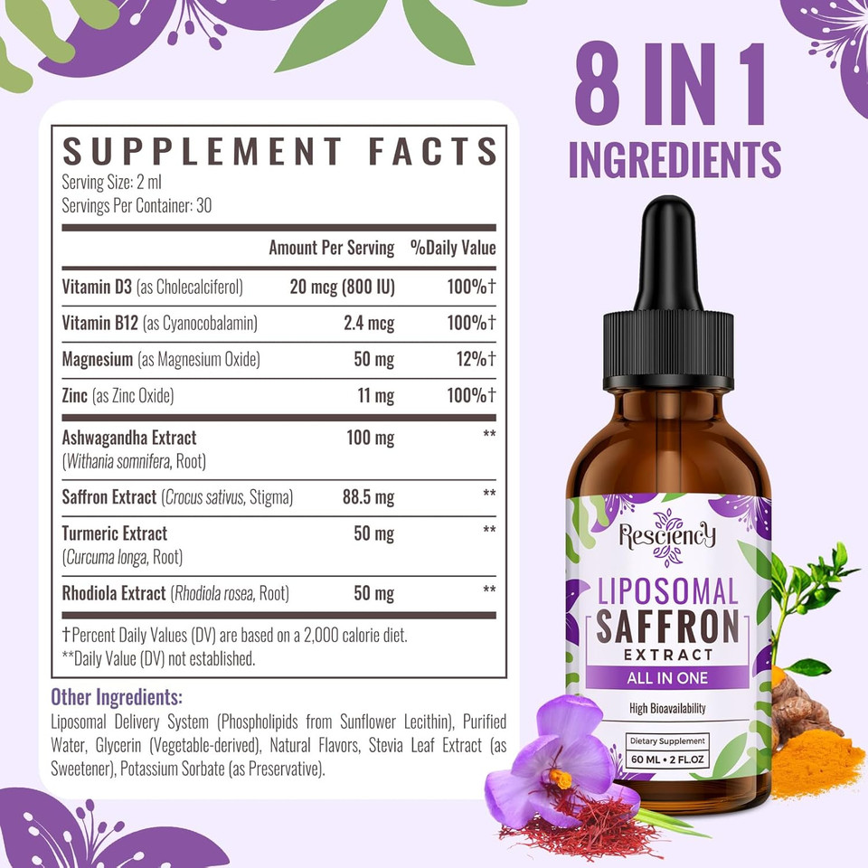 Saffron Supplements - 88.5 Mg Saffron Extract Better Bioavailability Liposomal Drops For Mood, Energy, Vision & Focus With Ashwagandha, Turmeric, Magnesium, Zinc, Vitamin B12 & D3, 60 Ml, 60 Servings