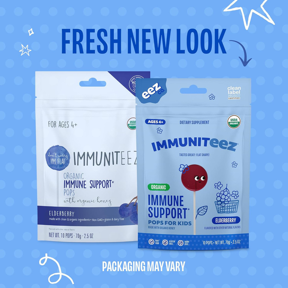 Immuniteez Organic Elderberry Lollipops For Kids - Immune Support With Vitamin C, D, E, Zinc And Organic Honey - Gluten Free Kids Vitamins - 10 Count Bag