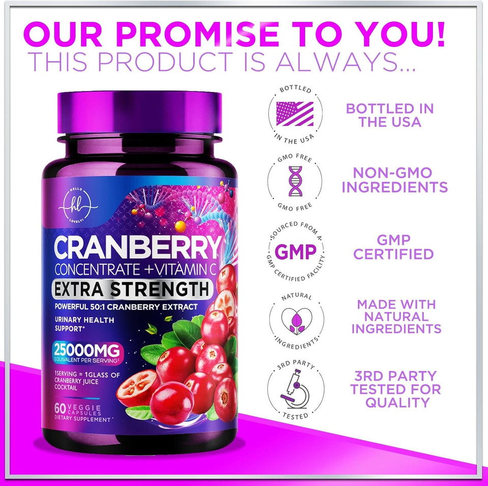 Cranberry Supplement 25,000Mg Formula + Vitamin C  Urinary Tract Health Support For Women & Men, 50:1 Whole Fruit Cranberry Extract Pills For Women, Sugar-Free, Non-Gmo, Gluten-Free - 120 Capsules
