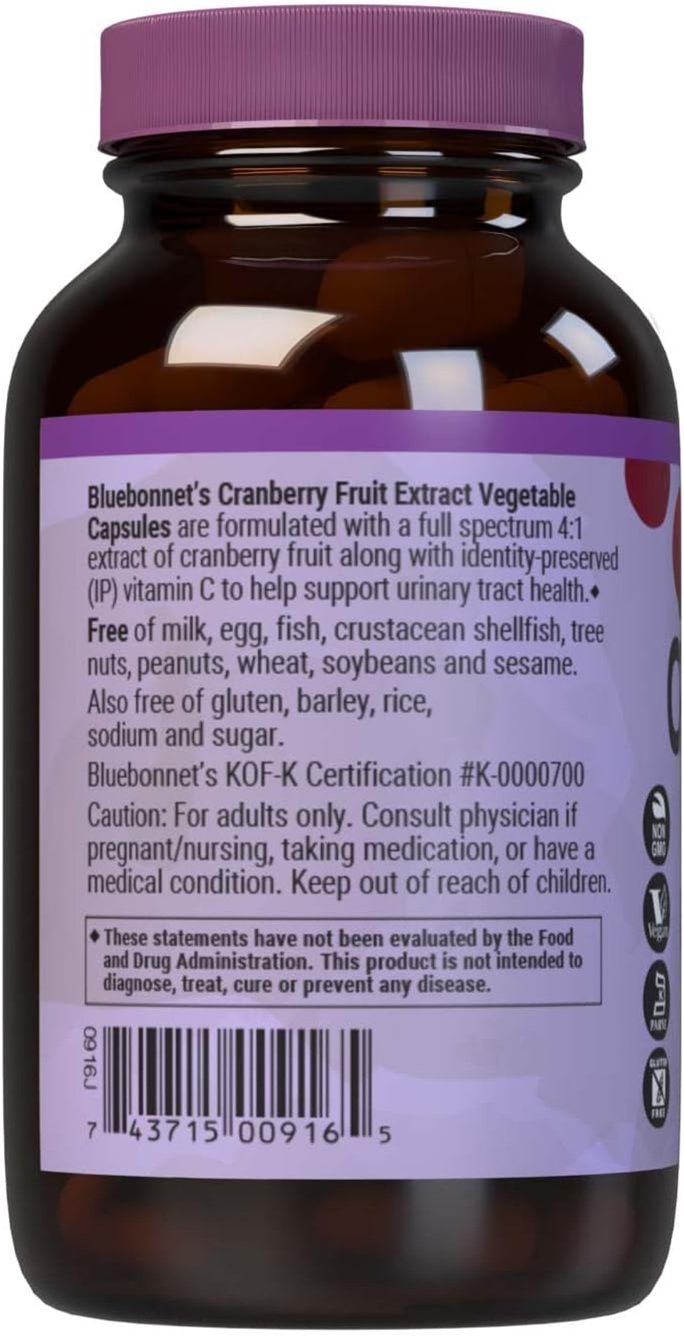 Bluebonnet Nutrition Cranberry Fruit Extract, Urinary Tract Support*, Non-Gmo, Kosher-Certified, Vegan, Gluten-Free, Soy-Free, Dairy-Free, 60 Vegetable Capsules, 60 Servings