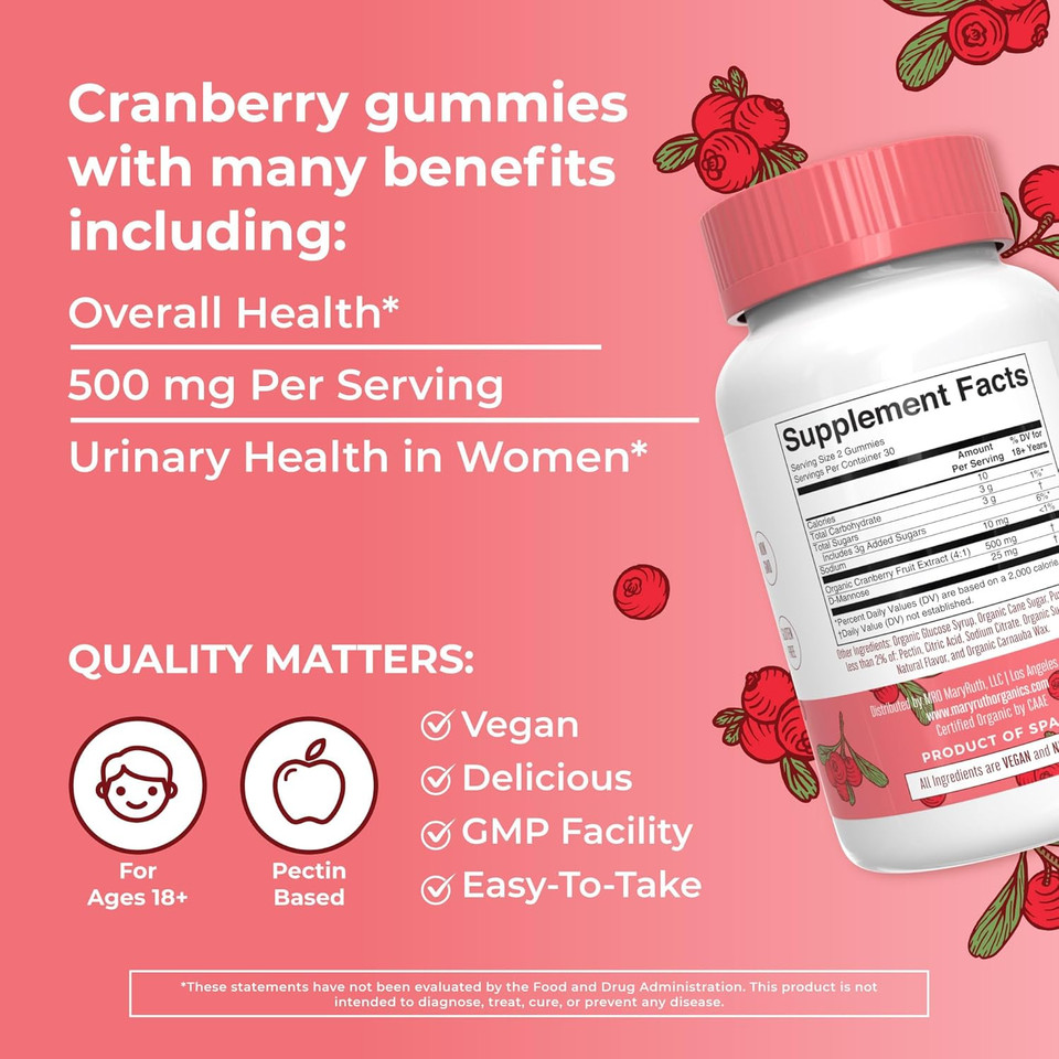 Maryruth Organics Organic Cranberry Gummies - 500Mg Supplement | Urinary Tract Health For Women | With D Mannose | Traditional Use | Usda Organic | Vegan | Non Gmo | 30 Servings Maryruth Organics Organic Cranberry Gummies - 500Mg Supplement | Urinary Tract Health For Women | With D Mannose | Traditional Use | Usda Organic | Vegan | Non Gmo | 30 Servings