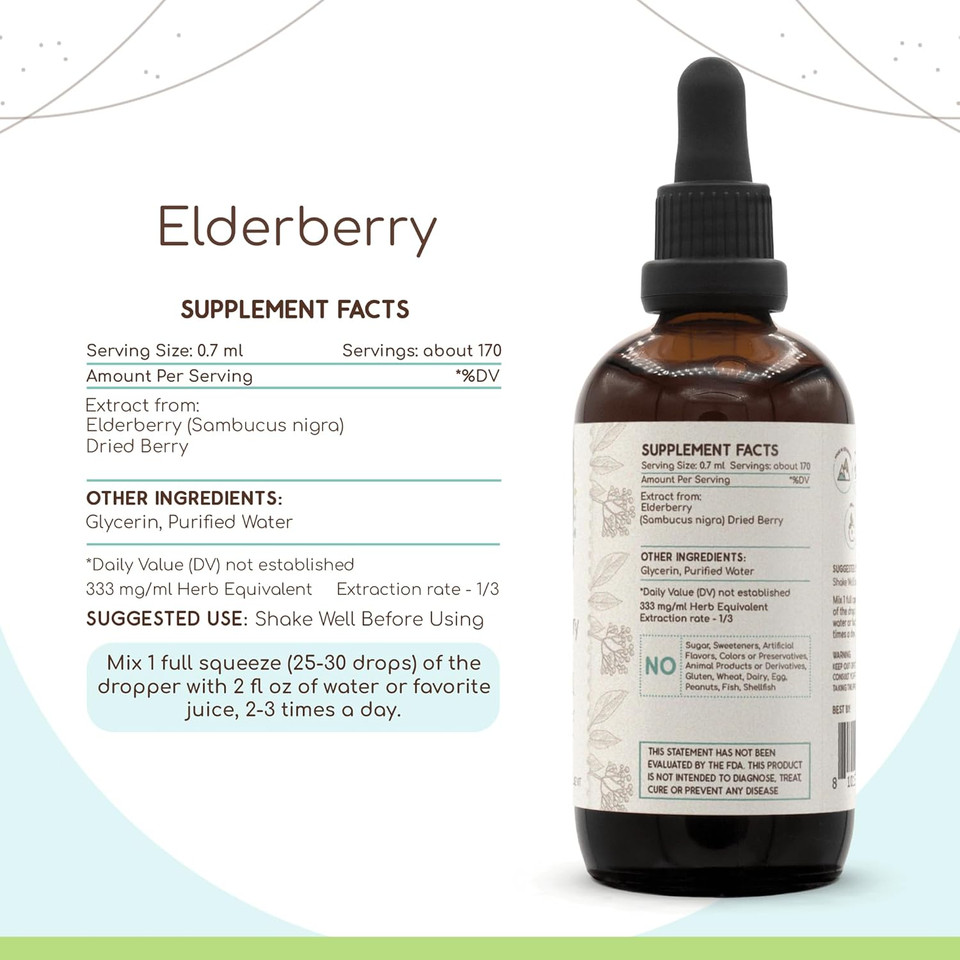 Elderberry B120 Herbal Extract Alcohol-Free Tincture, Concentrated Liquid Drops Natural Elderberry (Sambucus Nigra) 4 Fl Oz