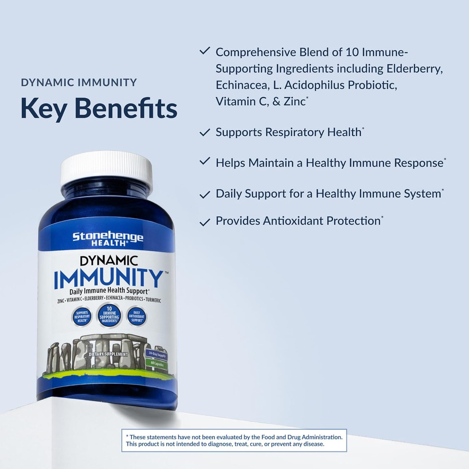 Stonehenge Health Dynamic Immunity Daily Supplement 10-In-1 Immune Boosters Zinc, Elderberry, Echinacea, Vitamin C & Probiotic L. Acidophilus  Supports Immune System & Respiratory Health, 60 Capsules