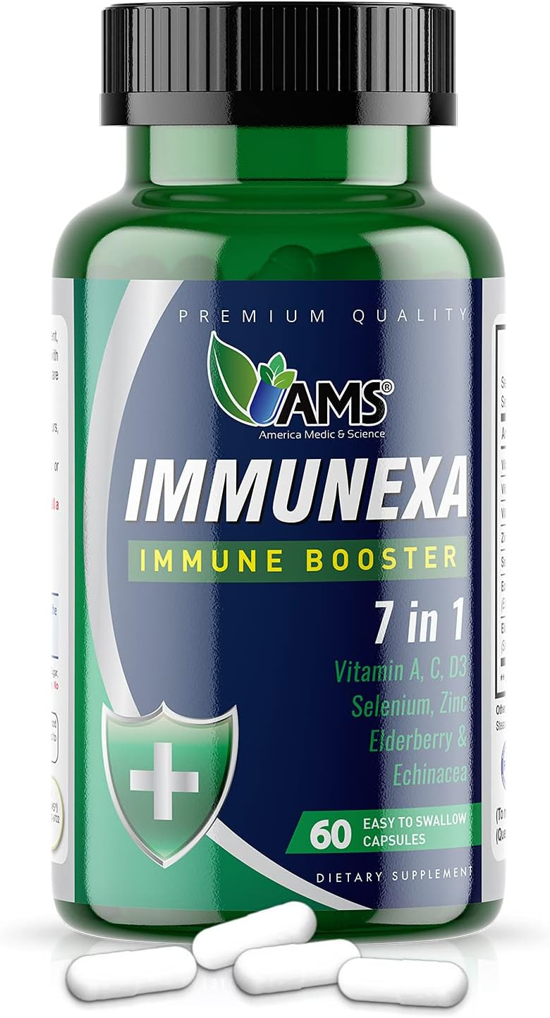 America Medic & Science Immunexa 7 In 1 Immune Support Booster (60 Capsules) With Vitamin A, C, D, Zinc, Echinacea, Elderberry | Adults Immunity Boosting Supplement | Natural, Non-Gmo & Gluten-Free