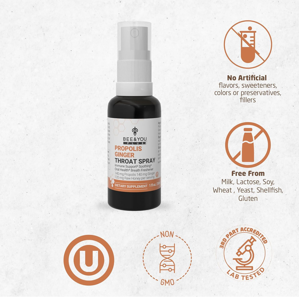 Bee And You, Kids Immune Support Supplement Throat Spray, Elderberry, Raw Honey, Propolis Extract, Vitamin C, Strawberry Juice, Antioxidants, Sore Throat Relief, 1 Fl. Oz