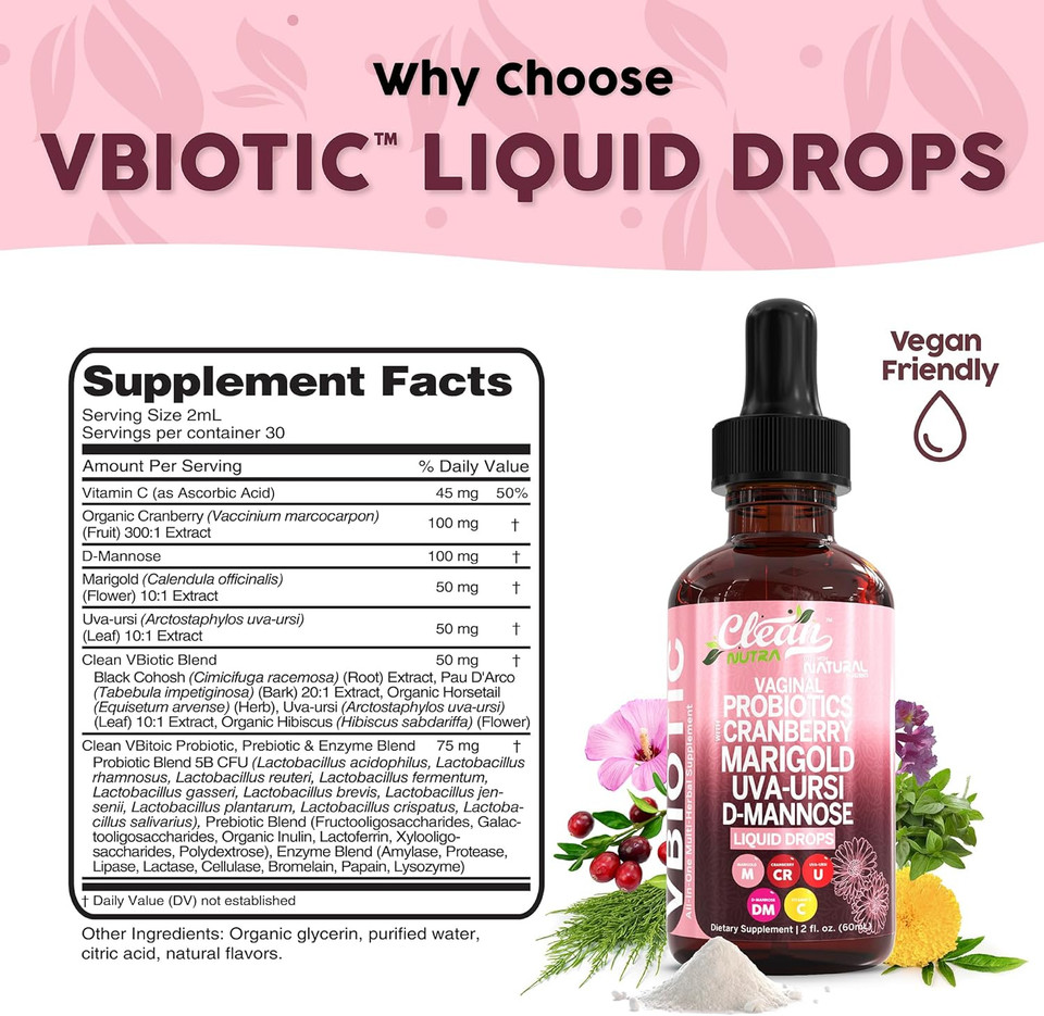 Clean Nutraceuticals Vbiotic Vaginal Probiotic For Women Liquid Drops | Cranberry Uva Ursi Horsetail D-Mannose Prebiotics Marigold & Black Cohosh Vaginal Health Supplement | Ph Balance