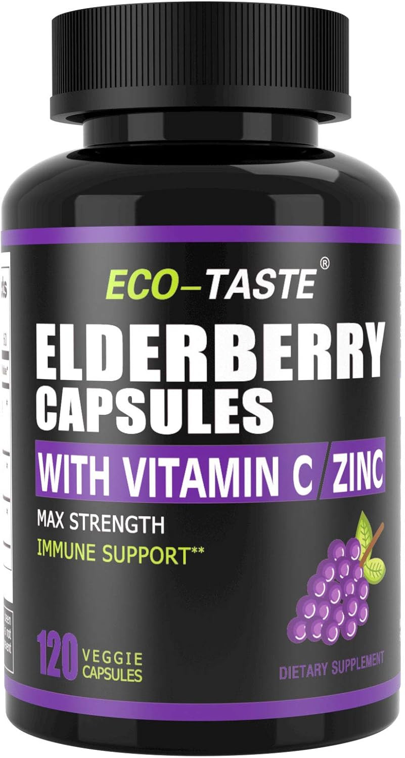 Eco-Taste Elderberry Capsules With Zinc & Vitamin C - 120 Capsules, Sambucus Elderberries For Immune Support, Skin Health - Veggie Caps