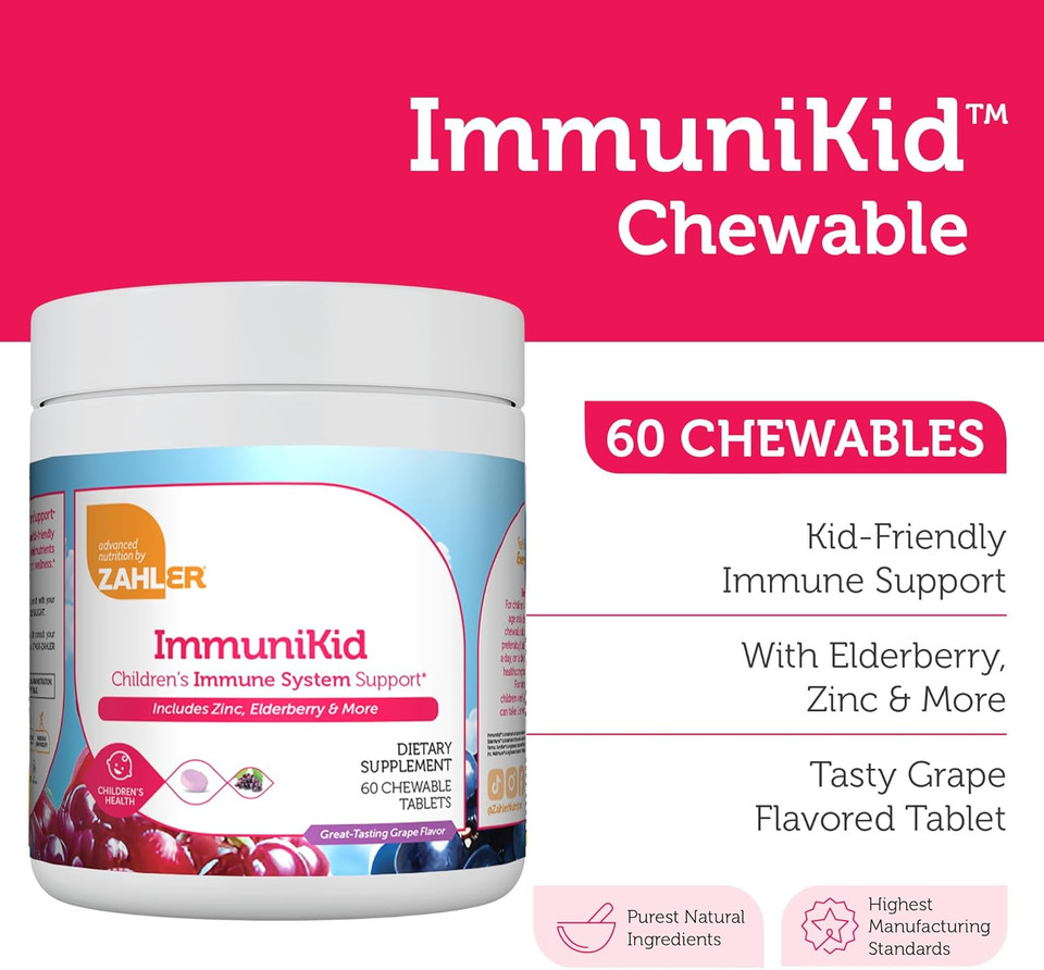 Zahler Kids Immune Support Supplement With Elderberry, Zinc And Vitamin C D3 A - Grape Flavored Chewable Tablets - Kosher For Kids Ages 4 And Up, 60 Count