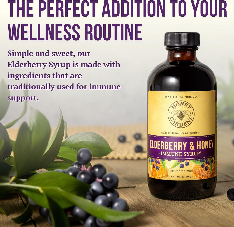 Honey Gardens Elderberry & Honey Immune Syrup - Black Elderberry Syrup For Adults & Kids, Natural Throat Defense Wellness Supplement With Propolis & Organic Apple Cider Vinegar - 8 Fl Oz