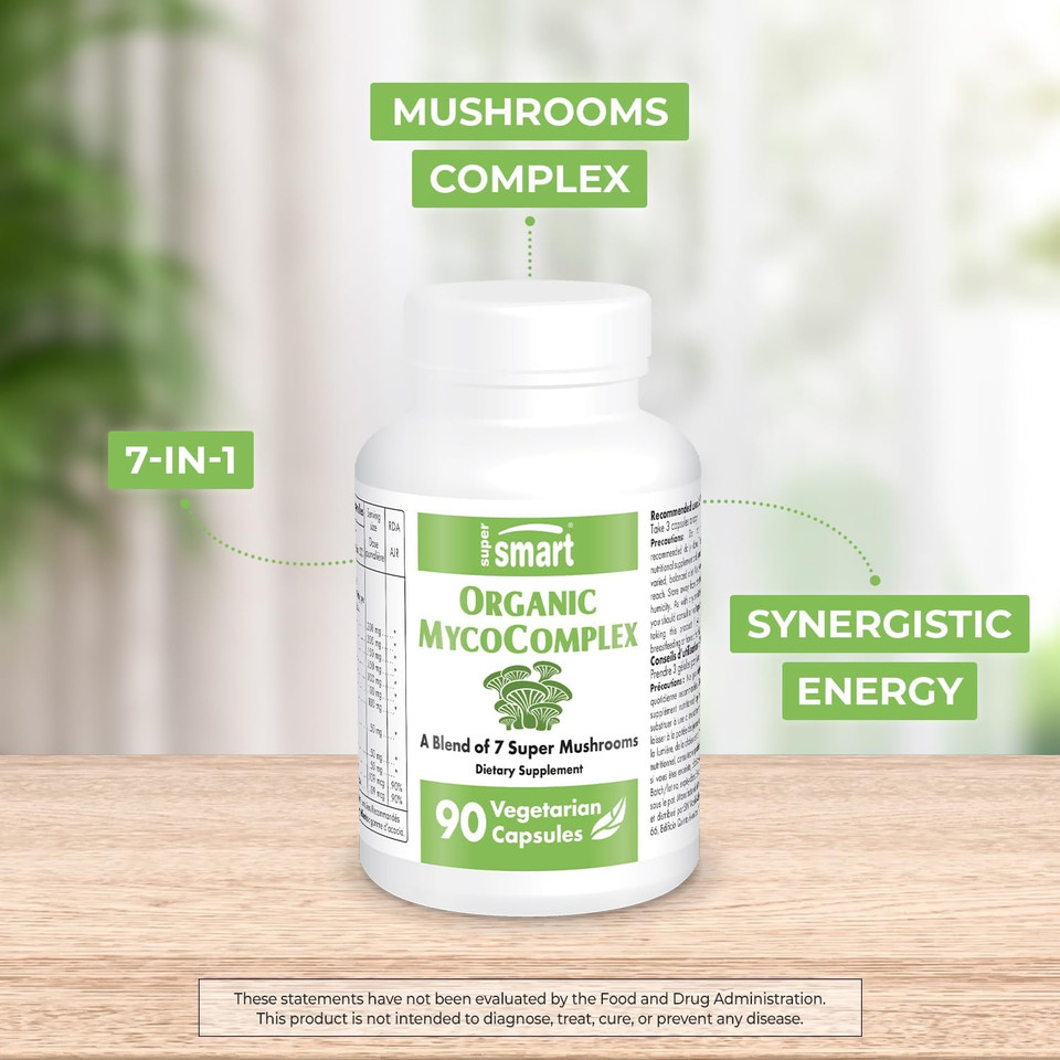 Supersmart Organic Mycocomplex (High Strength) - 7-In-1 Mushrooms Supplement - With Shiitake, Chaga, Reishi, Maitake, Cordyceps, Polypore, Agaricus | Non-Gmo & Gluten Free - 90 Vegetarian Capsules