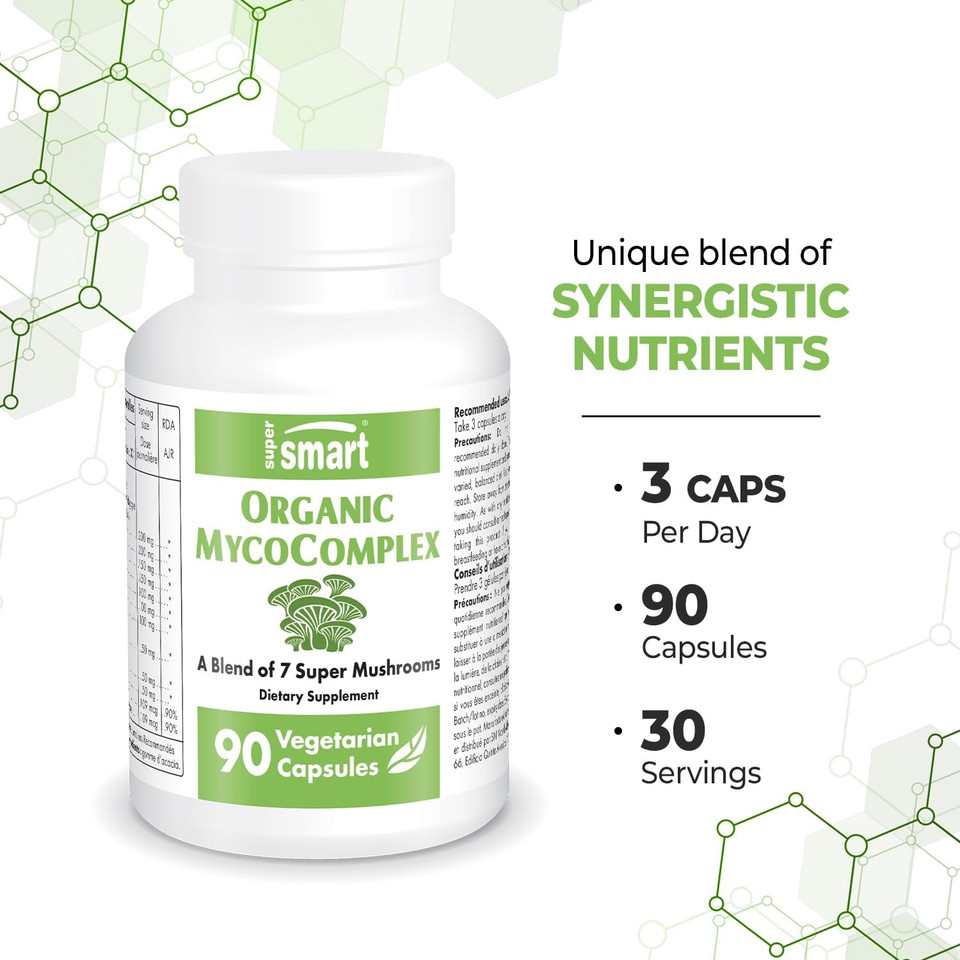Supersmart Organic Mycocomplex (High Strength) - 7-In-1 Mushrooms Supplement - With Shiitake, Chaga, Reishi, Maitake, Cordyceps, Polypore, Agaricus | Non-Gmo & Gluten Free - 90 Vegetarian Capsules
