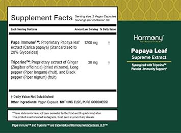 Harmony Nutraceuticals Papaya Leaf Supreme Extract Highest Potency Maximum Bioactivity Organic Dr. Gumman'S Clinical Grade 120 Vegan Capsules Synergized With Triperine