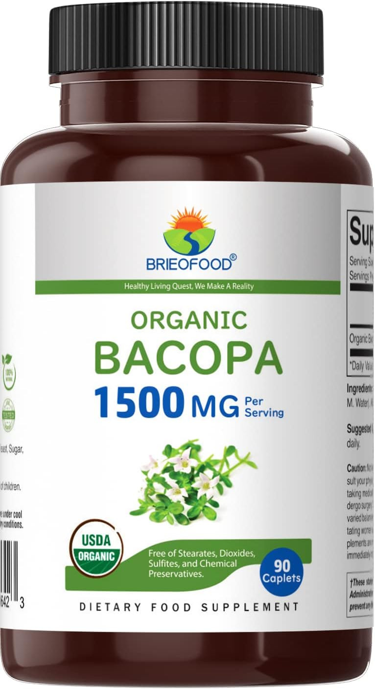 Brieofood Organic Bacopa 1500Mg, 45 Servings, Vegetarian, Gluten Free, 90 Vegetarian Tablets