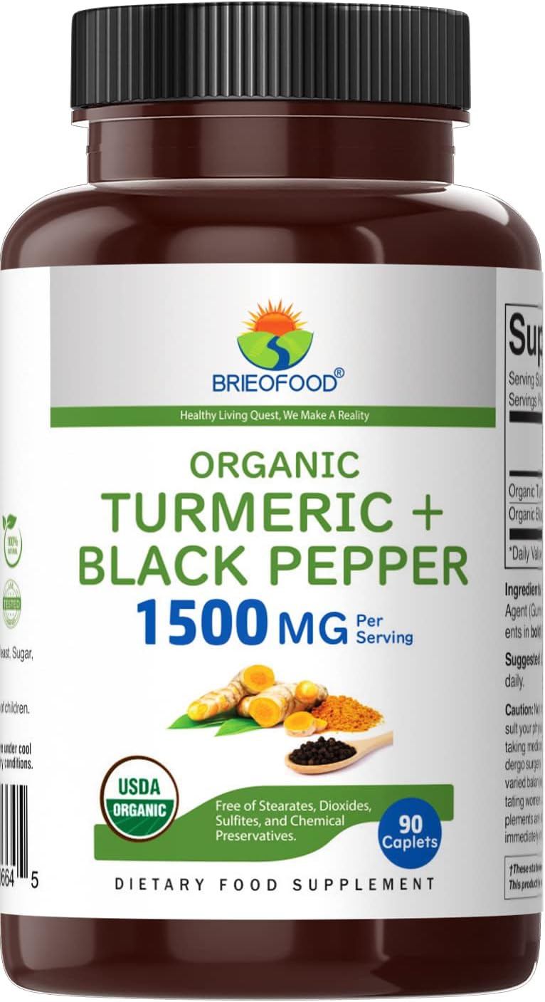 Brieofood Organic Turmeric With Black Pepper 1500Mg, 45 Servings, Vegetarian, Gluten Free, 90 Vegetarian Tablets