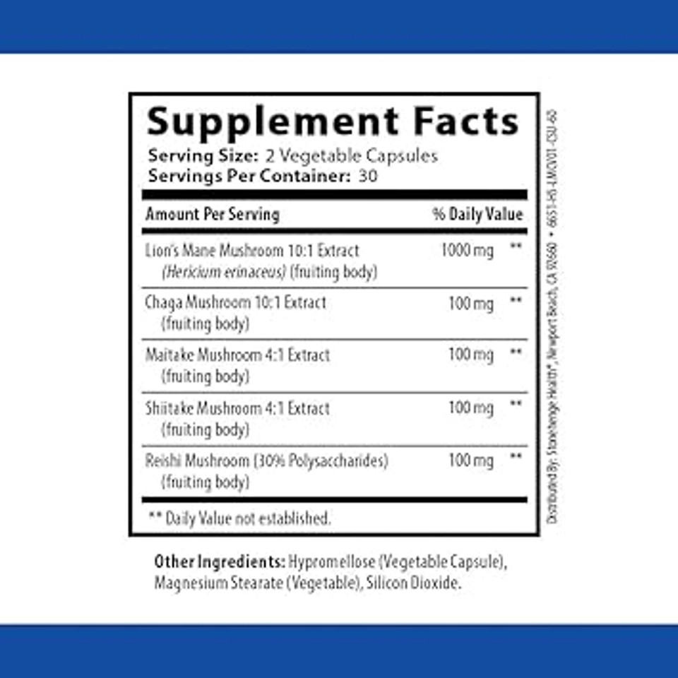 Stonehenge Health Dynamic Mushrooms - 100% Fruiting Bodies & Extracts - LionS Mane, Chaga, Maitake, Shiitake, Reishi - Nootropic Brain & Immune System Support - No Mycelium - 60 Veggie Capsules