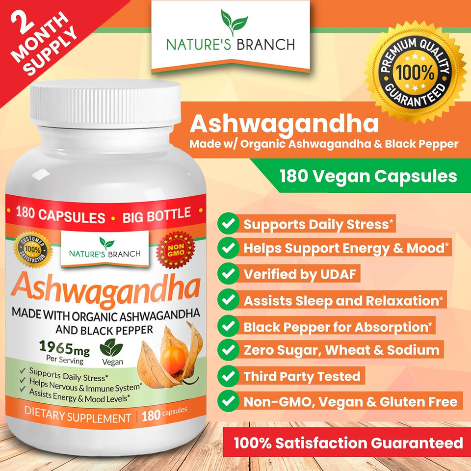 Udaf Verified Organic Ashwagandha With Black Pepper - 180 Capsules - 1965Mg Extra Strength For Stress, Sleep, Mood, Thyroid, Focus, Hair, Vegan Pure Root Extract Powder - Men And Women Supplements