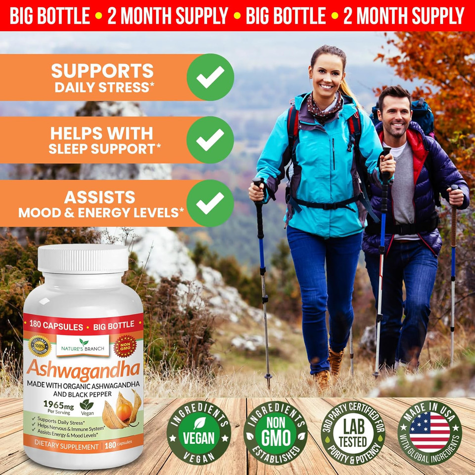 Udaf Verified Organic Ashwagandha With Black Pepper - 180 Capsules - 1965Mg Extra Strength For Stress, Sleep, Mood, Thyroid, Focus, Hair, Vegan Pure Root Extract Powder - Men And Women Supplements