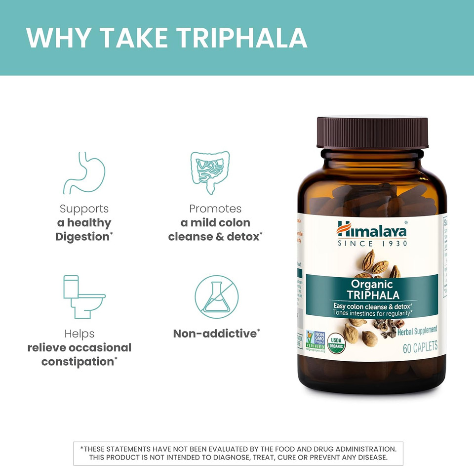Himalaya Organic Triphala, 90 Day Supply - Digestive Health Supplement For Colon Cleanse & Occasional Bloating And Constipation Relief - Usda Organic, Vegan, Non-Gmo, Gluten Free, 688 Mg, 90 Caplets