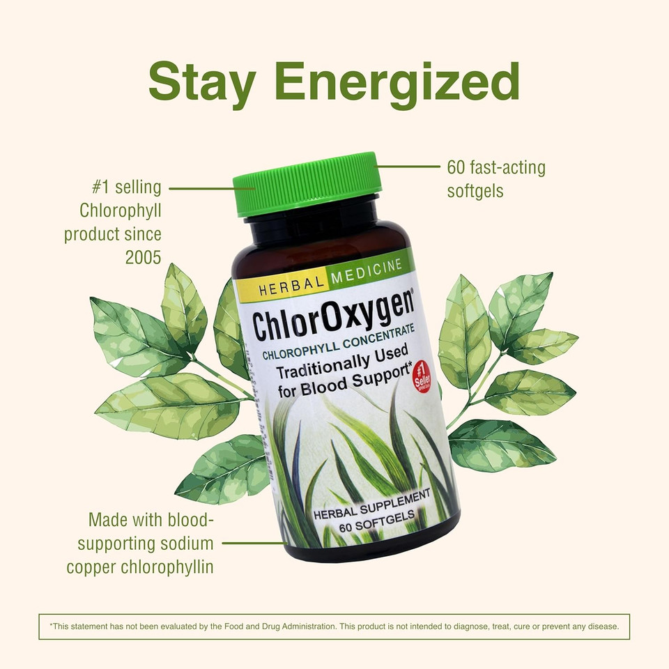 Herbs Etc. Chloroxygen Chlorophyll Concentrate - Aids Healthy Blood Circulation - High-Altitude Environment Support - Energy Support - 60 Softgels (60 Servings)
