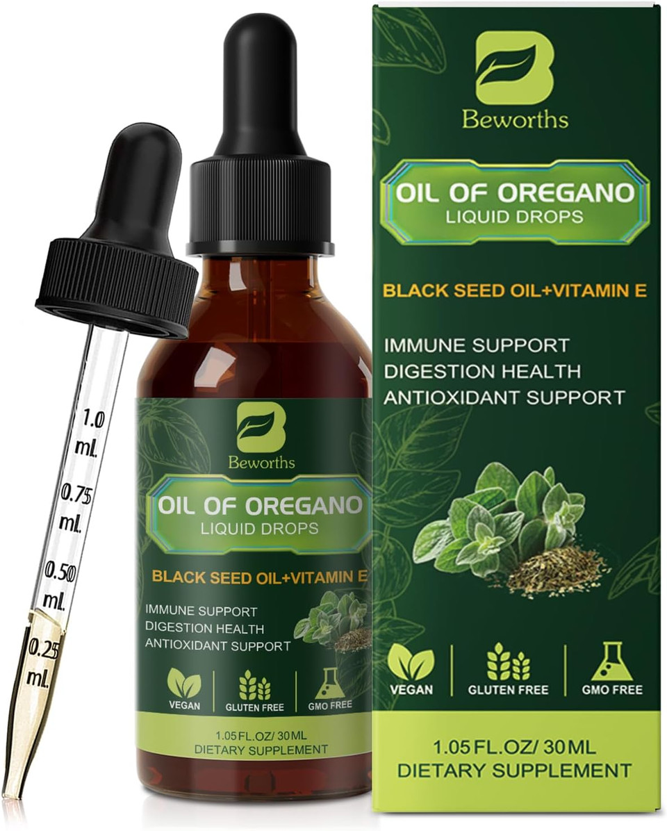 Oregano Oil Drops, Oil Of Oregano With Black Seed Oil, Vitamin E, 80% Carvacrol Oregano Supplement Herbal Blend For Immune & Antioxidant Support, Digestive, Overall Health | Vegan | Non-Gmo | 1 Fl Oz