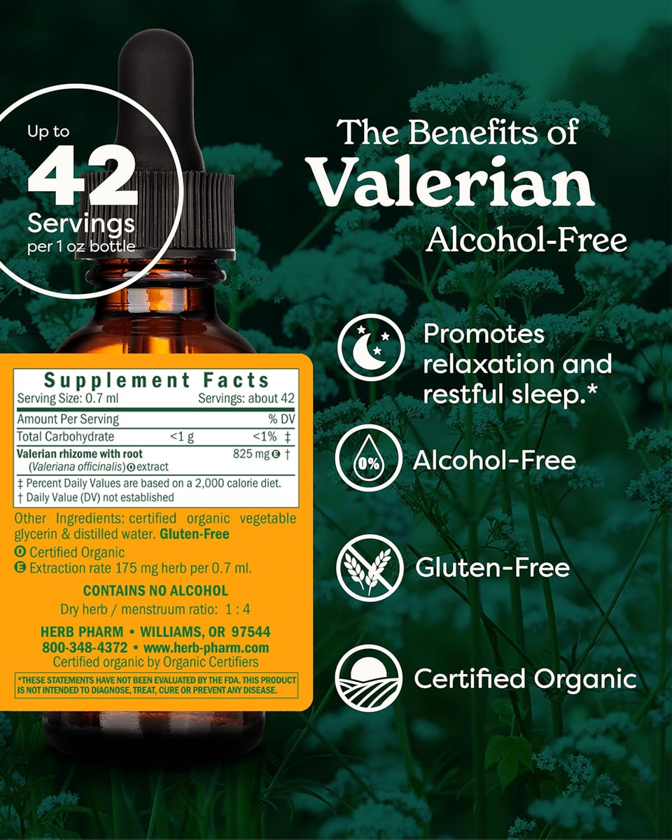 Herb Pharm Organic Valerian Root Liquid Extract, Alcohol-Free: Sleep & Relaxing, Calming Nighttime Sleep Support Supplement, Sugar-Free Herbal Supplement, 1 Oz
