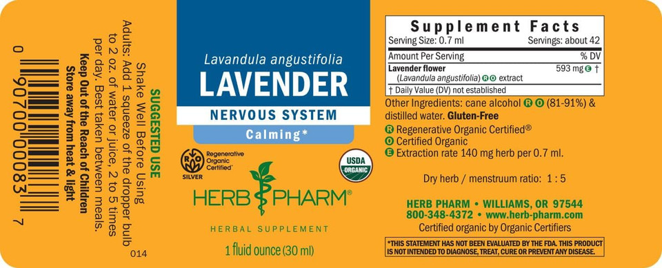 Herb Pharm Certified Organic Lavender Flower Liquid Extract For Calming Nervous System Support, 1 Fl Oz