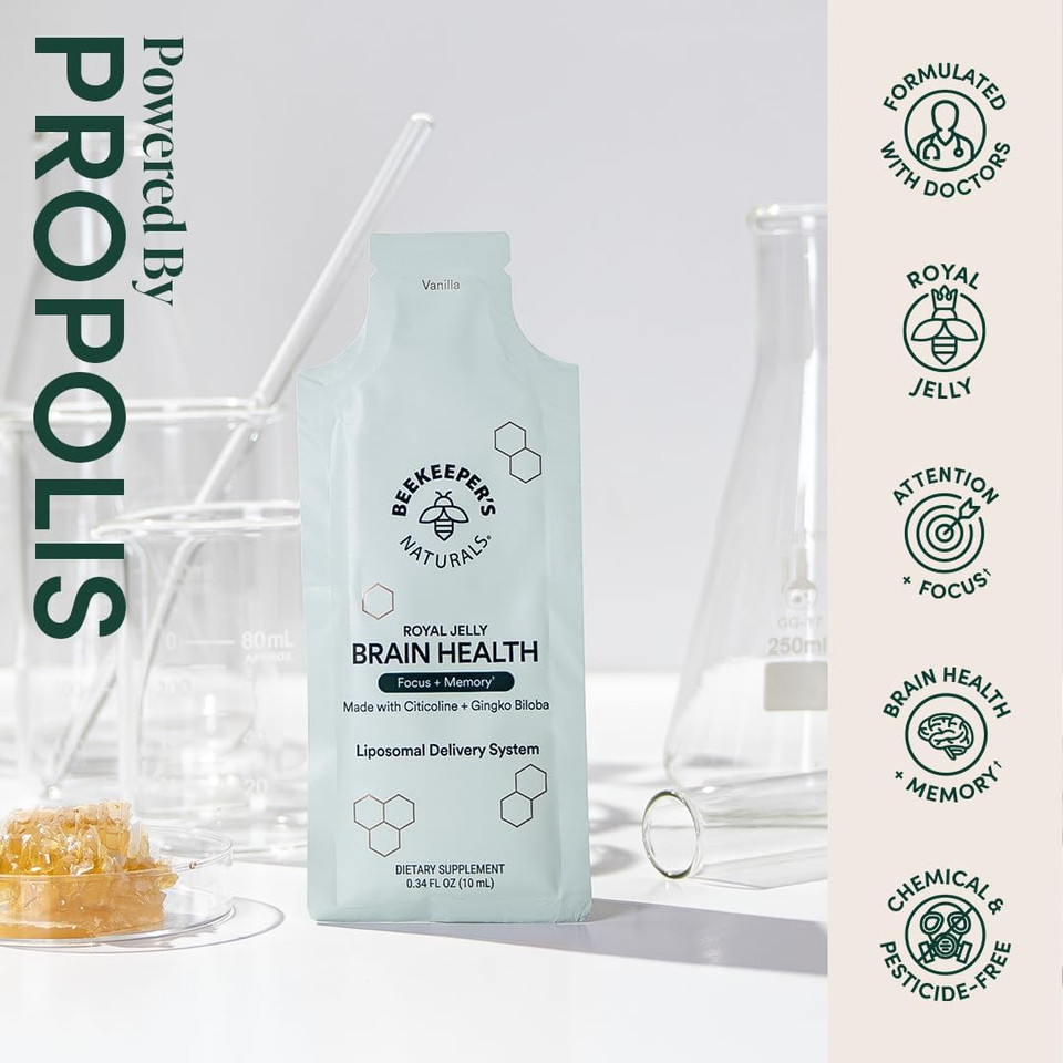 Nootropic Brain Supplement By Beekeeper'S Naturals, 500Mg Citocoline, Ginkgo Biloba, Bacopa Monnieri & Royal Jelly, Supports Focus & Memory, Easier Absorption, Plus A Tasty Vanilla Flavor, 30Ct