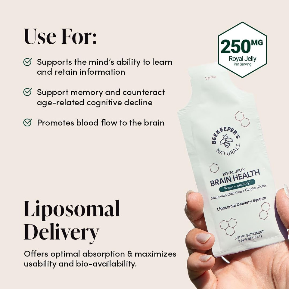 Nootropic Brain Supplement By Beekeeper'S Naturals, 500Mg Citocoline, Ginkgo Biloba, Bacopa Monnieri & Royal Jelly, Supports Focus & Memory, Easier Absorption, Plus A Tasty Vanilla Flavor, 30Ct