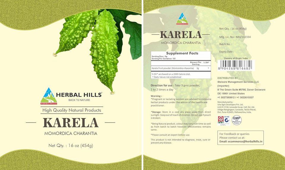 Herbal Hills Bitter Melon/Bitter Gourd/Karela Powder (Momordica Charantia) | 16Oz (454 Gms) | Best For Eye & Skin Health