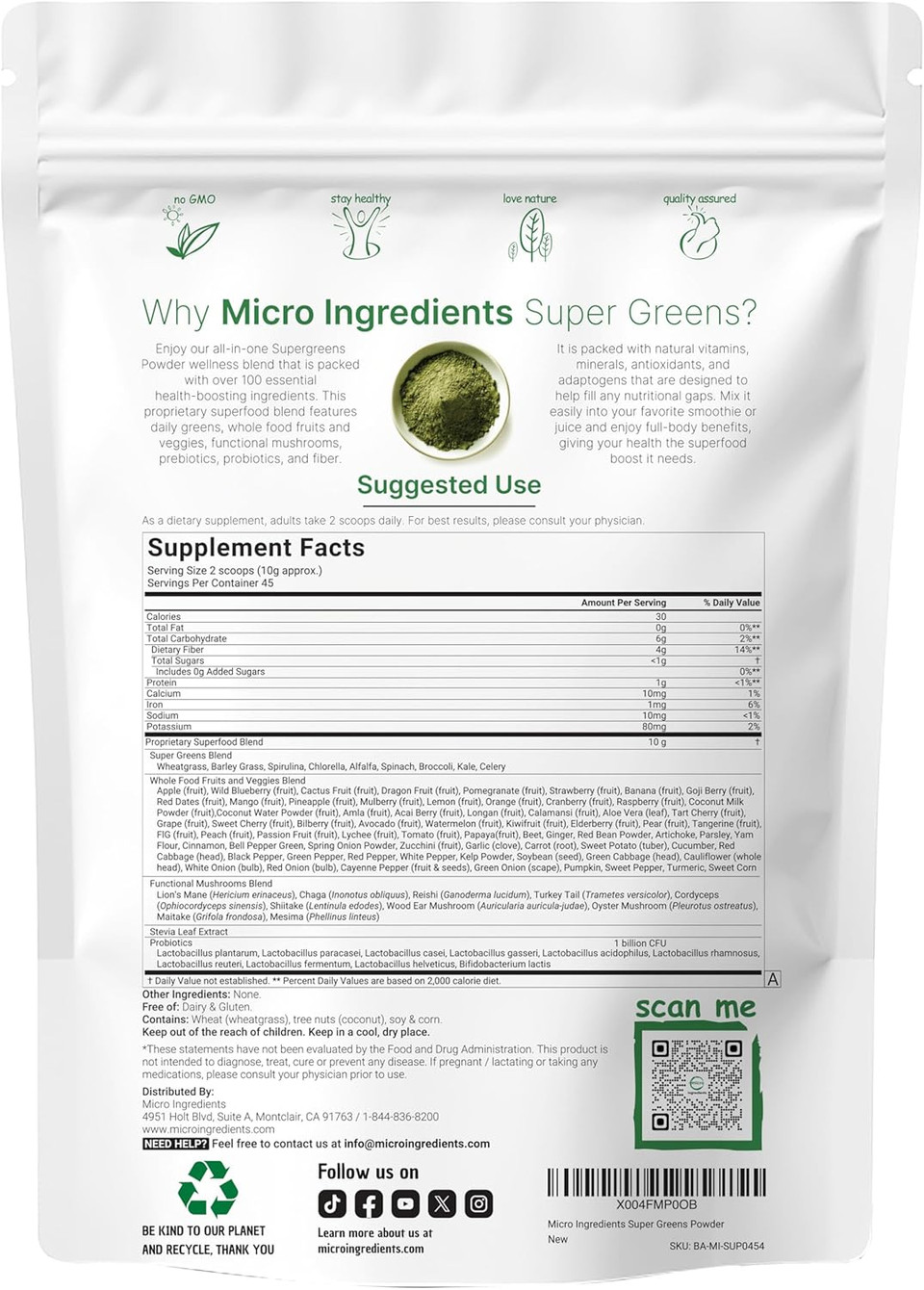 Micro Ingredients Super Greens Powder, 1Lb | 100 Superfood Blend With Daily Greens, Fruits, Vegetables, Mushrooms & Probiotics | Source Of Vegan Protein & Enzymes | Non-Gmo, Gluten-Free, No Additives