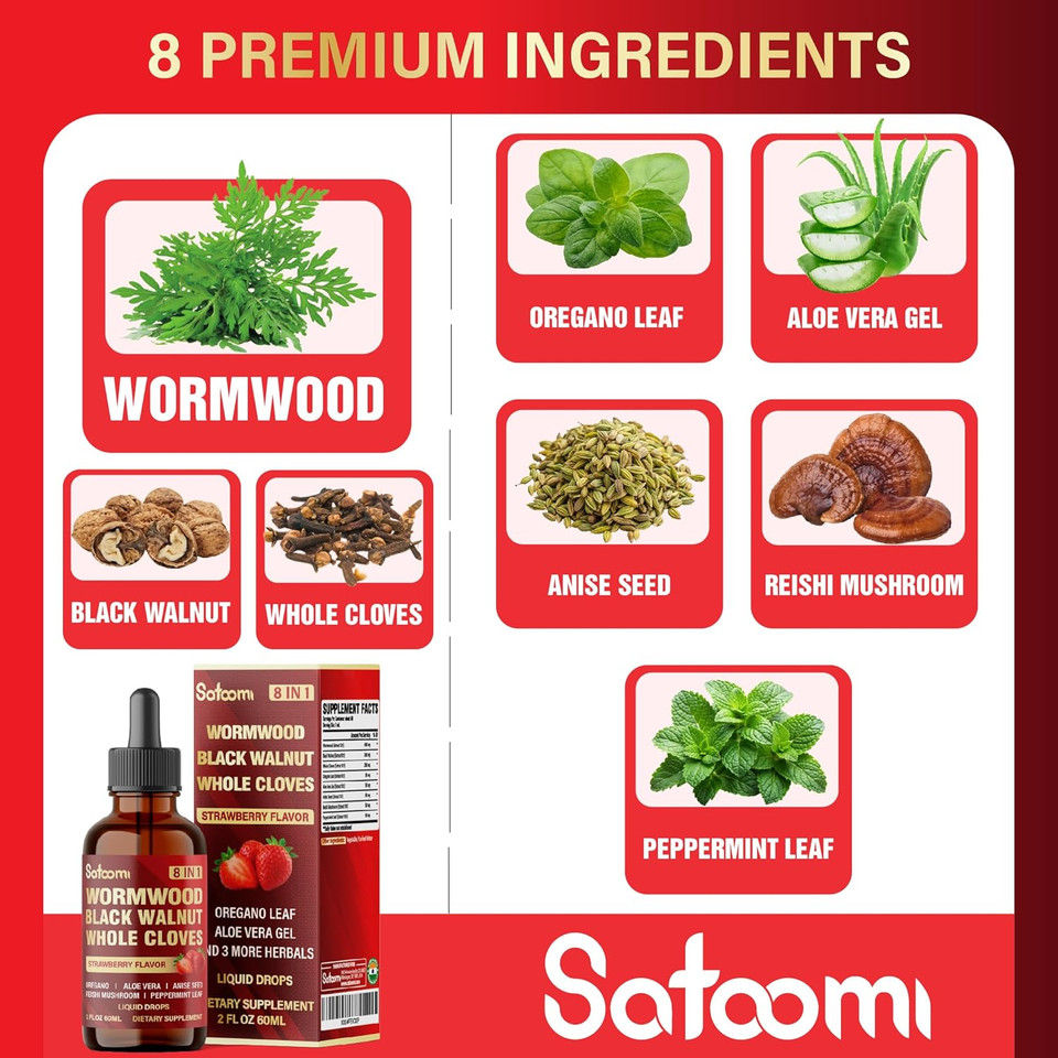 Satoomi 7In1 Wormwood Liquid Drops With Black Walnut, Whole Cloves, Berberine, Milk Thistle, Bitter Melon And Turmeric - 60Ml For 60 Days