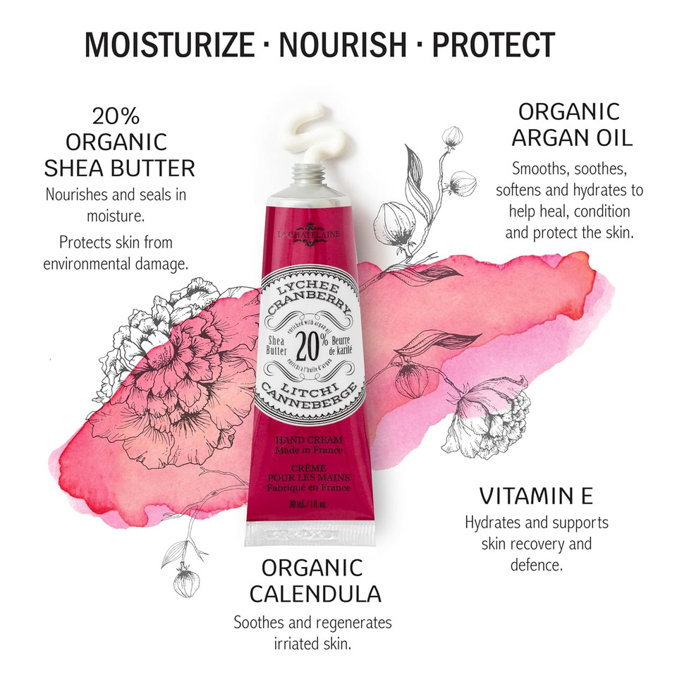 La Chatelaine 20% Shea Butter Hand Cream Travel Size, Organic Argan Oil, Moisturizing, Nourishing, Repairing, Extra-Rich Hand Lotion, Made In France, Paraben Free, 1 Oz / 30Ml (Lychee Cranberry)