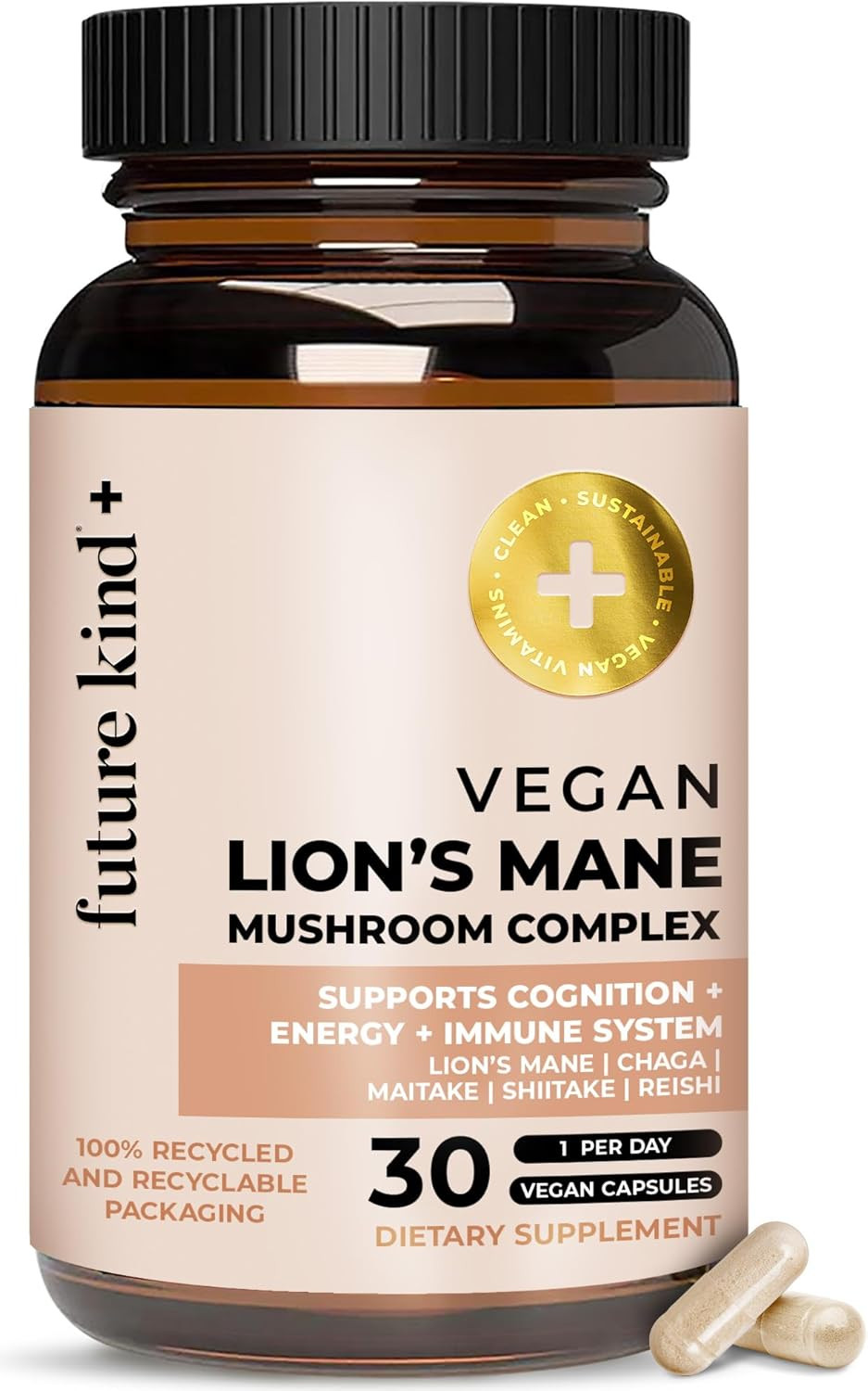 Future Kind Vegan LionS Mane Mushroom Complex - Brain Supplement With Chaga, Maitake, Shiitake, & Reishi, Supports Memory And Focus (30Ct)