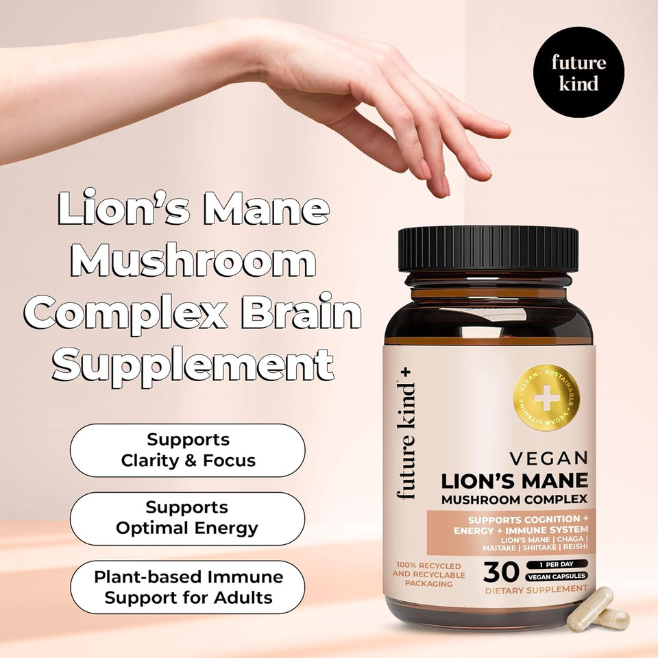 Future Kind Vegan LionS Mane Mushroom Complex - Brain Supplement With Chaga, Maitake, Shiitake, & Reishi, Supports Memory And Focus (30Ct)