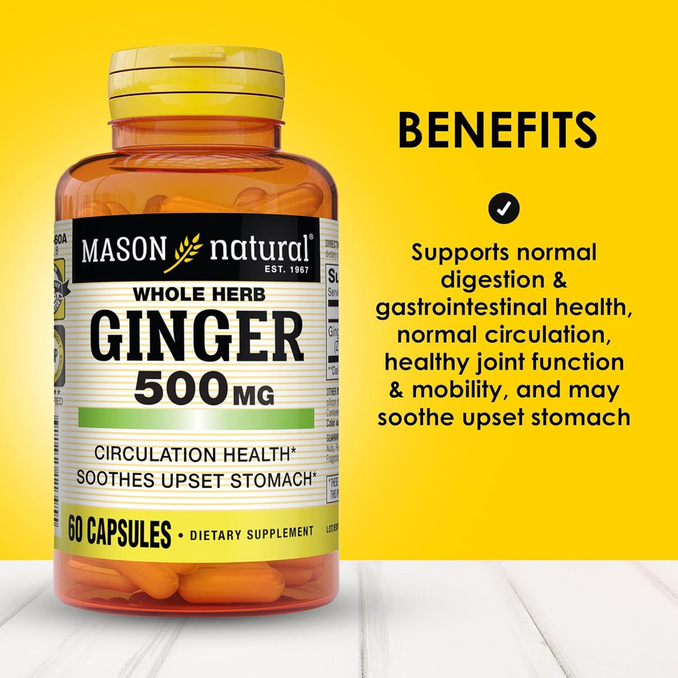 Mason Natural Whole Herb Ginger 500 Mg, 2 Month Supply, Natural Herbal Supplement, 60 Capsules